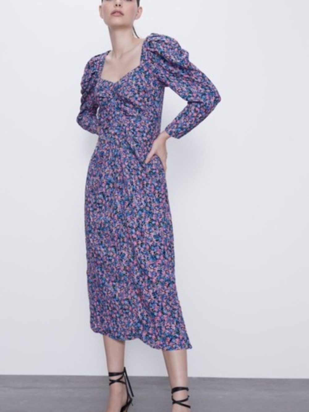 Floral Puff-Sleeve Midi Dress in Purple